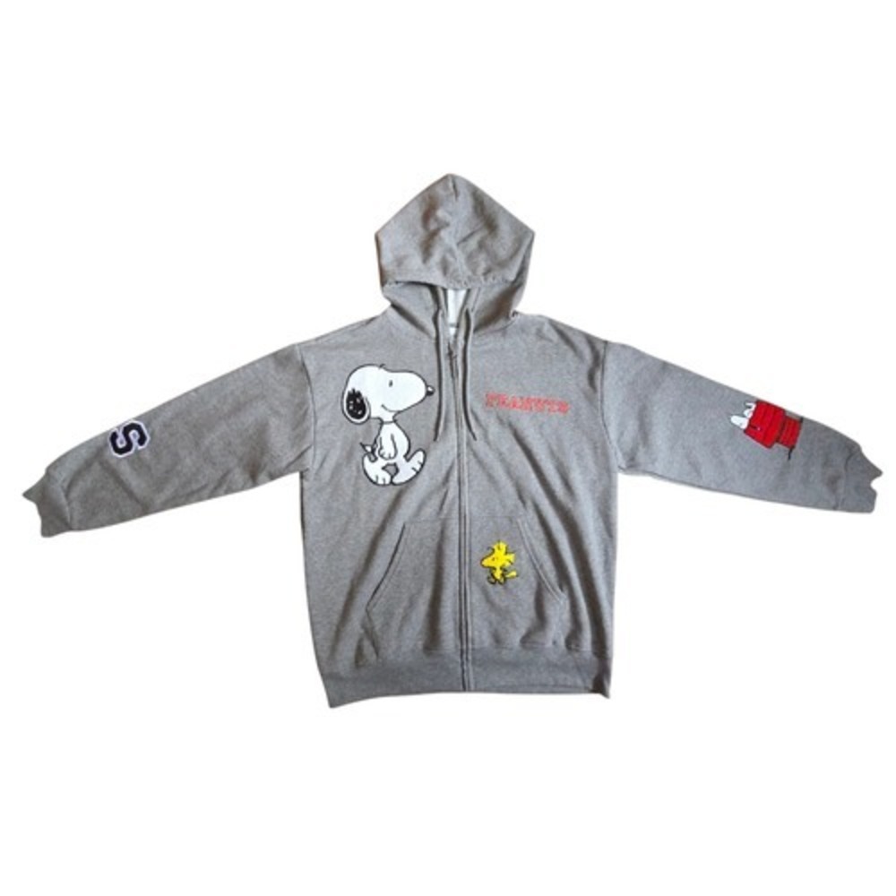 Peanuts Snoopy Woodstock Embroidered Heather Grey Soft Zip Up Hoodie Womens L